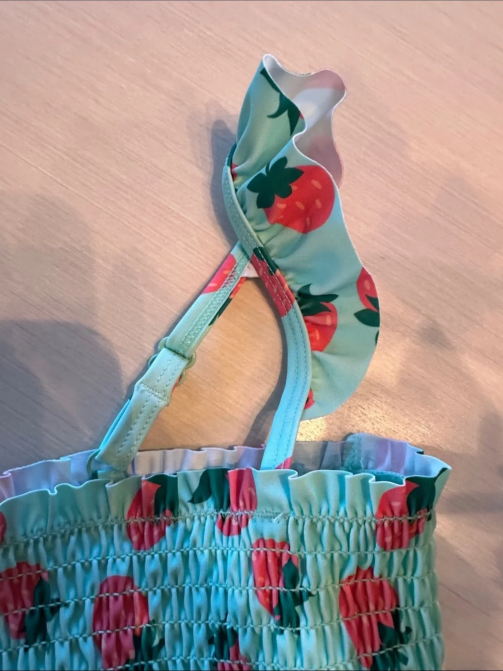 Girls Strawberry Print Ruffle Bikini Set - Mint and Pink NWOT size 7/8